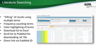 Literature Searching
• “Sifting” of results using
multiple terms
• Frequency counting terms
• Color highlighting of terms
• Download list to Excel
• Send list to PubMed for
downloading ref. file
• Direct link via PubMed ID
 