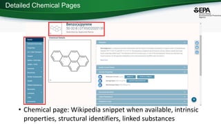Detailed Chemical Pages
• Chemical page: Wikipedia snippet when available, intrinsic
properties, structural identifiers, linked substances
 
