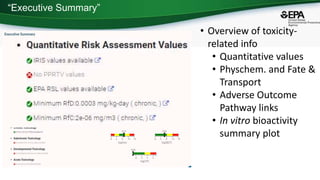 “Executive Summary”
• Overview of toxicity-
related info
• Quantitative values
• Physchem. and Fate &
Transport
• Adverse Outcome
Pathway links
• In vitro bioactivity
summary plot
 