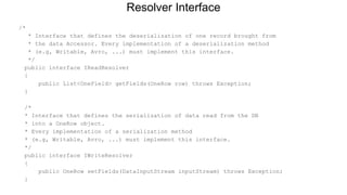 /*
* Interface that defines the deserialization of one record brought from
* the data Accessor. Every implementation of a deserialization method
* (e.g, Writable, Avro, ...) must implement this interface.
*/
public interface IReadResolver
{
public List<OneField> getFields(OneRow row) throws Exception;
}
/*
* Interface that defines the serialization of data read from the DB
* into a OneRow object.
* Every implementation of a serialization method
* (e.g, Writable, Avro, ...) must implement this interface.
*/
public interface IWriteResolver
{
public OneRow setFields(DataInputStream inputStream) throws Exception;
}
Resolver Interface
 