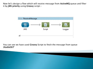 Now let’s design a flow which will receive message from ActiveMQ queue and filter
it by JMS priority using Groovy script:-
You can see we have used Groovy Script to fetch the message from queue
StudioOUT
 