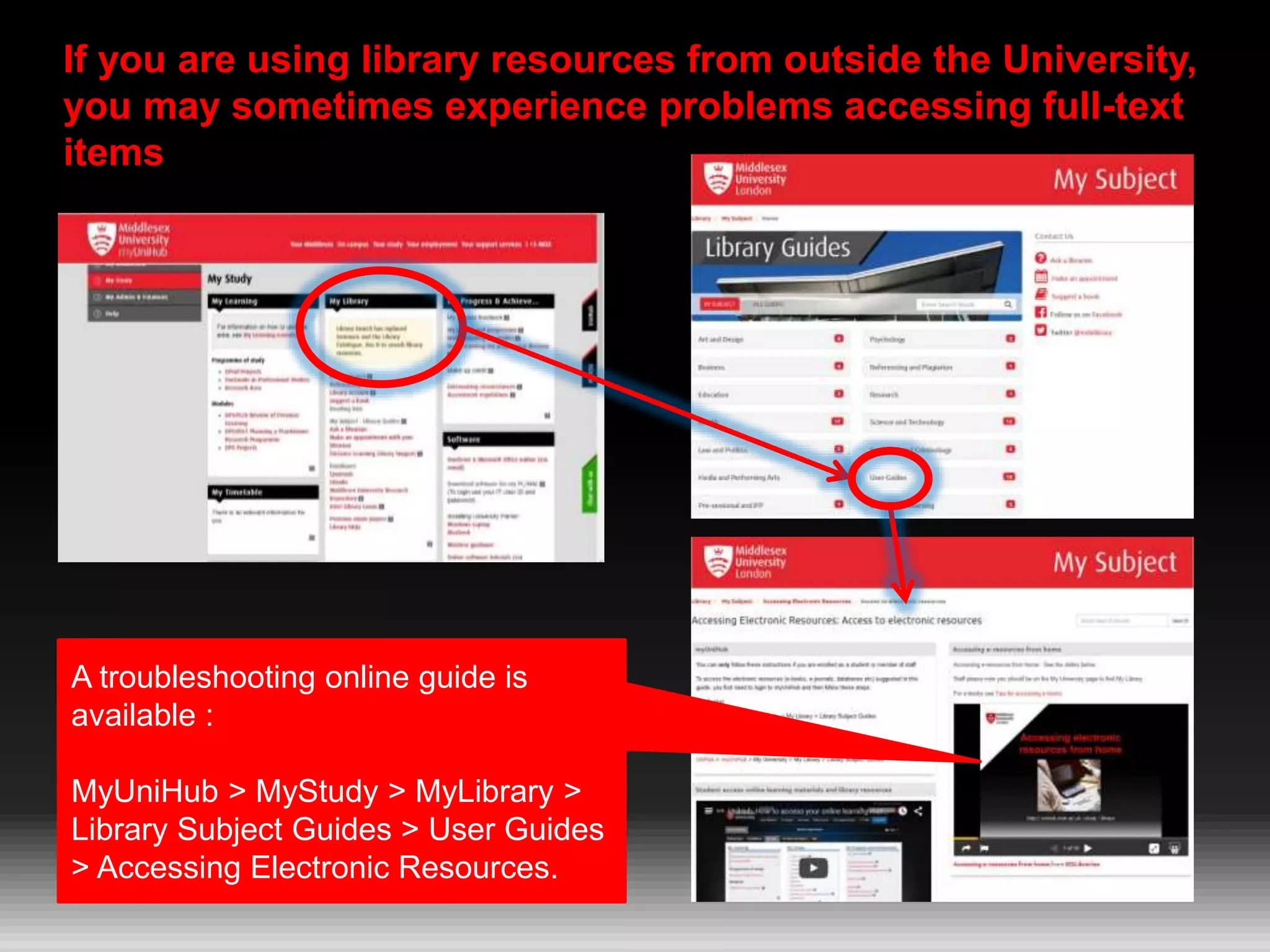 If you are using library resources from outside the University,
you may sometimes experience problems accessing full-text
items
A troubleshooting online guide is
available :
MyUniHub > MyStudy > MyLibrary >
Library Subject Guides > User Guides
> Accessing Electronic Resources.