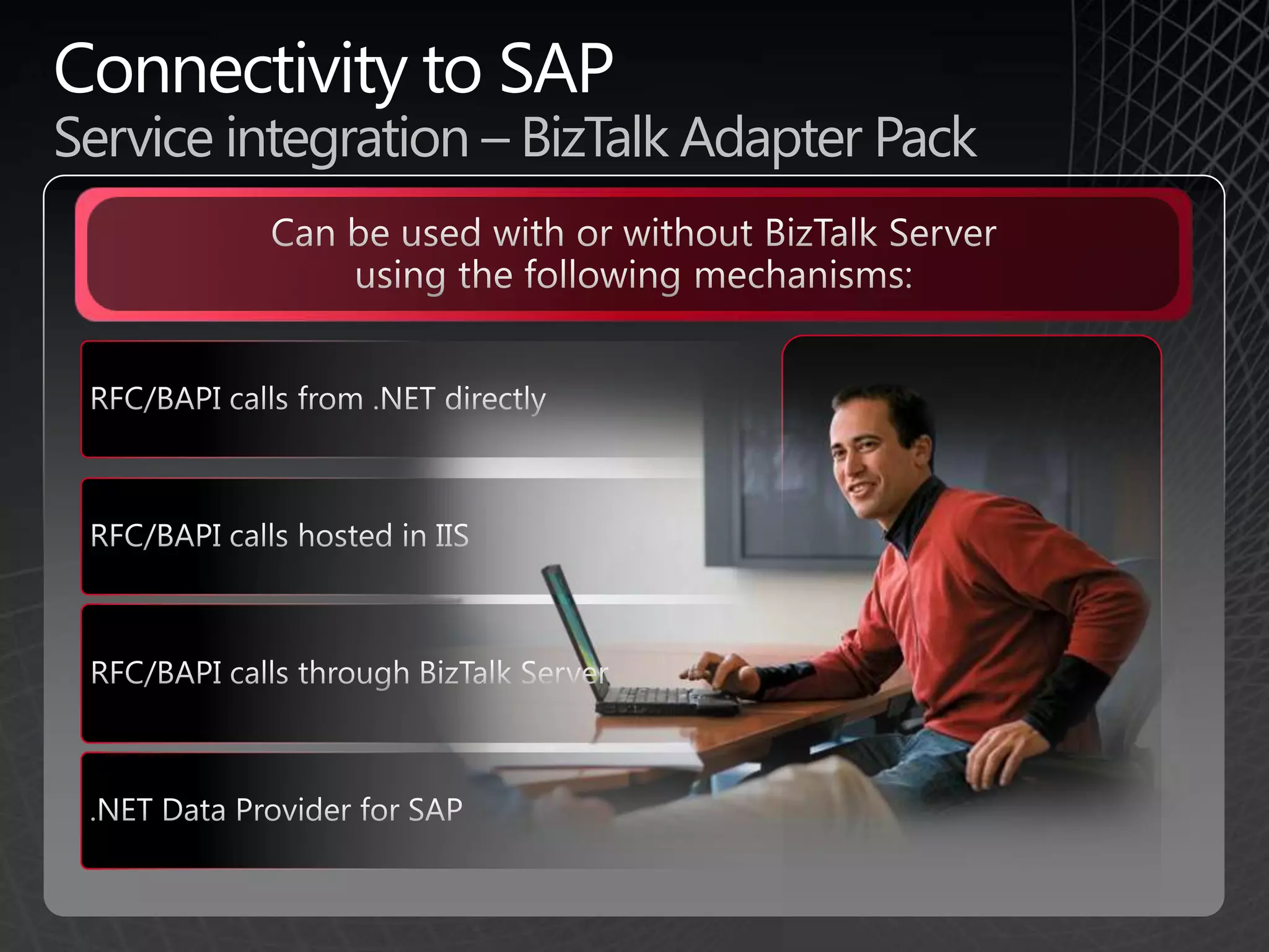 SolutionsBizTalk Adapters for ApplicationsBizTalk Business ProcessOrchestrationReceive LOBMessageLOBSystemReceiveLocationLOBIBM/SAPSystemIntegration TechnologySAP/DB2ClientSendMSMQMessageSendPortMSMQReceiveMSMQMessageBAHSSAP/DB2AdapterSend PortOperation / Receive LocationSendPortIBM/SAPAdapter SDKSendIBM/SAPMessageAdapter SDKBizTalkSendAdapterBizTalkReceive AdapterXMLMessageXMLMessageXMLMessageIncoming LOB DataOutgoing IBM/SAP DataBizTalk Send PipelineBizTalk Receive PipelineBizTalk Message Box