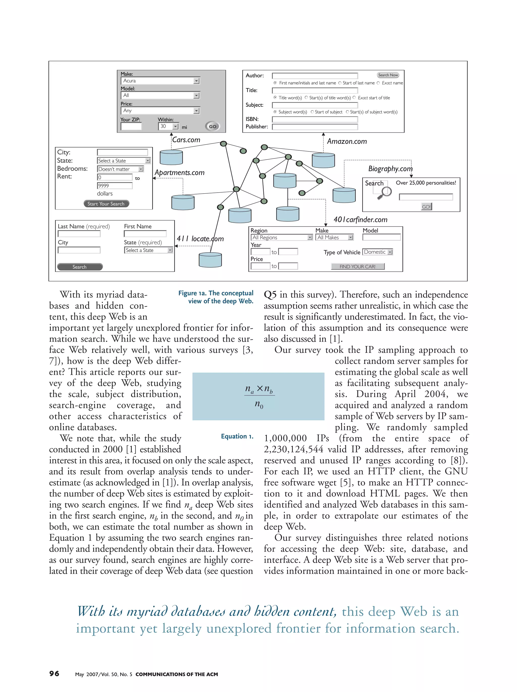 COMMUNICATIONS OF THE ACM May 2007/Vol. 50, No. 5 9796 May 2007/Vol. 50, No. 5 COMMUNICATIONS OF THE ACM
end Web databases, each of
which is searchable through one
or more HTML forms as its
query interfaces. For instance, as Figure 1(b)
shows, bn.com is a deep Web site, providing several
Web databases (a book database, a music database,
among others) accessed via multiple query inter-
faces (“simple search” and “advanced search”). Note
that our definition of deep Web site did not
account for the virtual hosting case, where multiple
Web sites can be hosted on the same physical IP
address. Since identifying all the virtual hosts
within an IP address is rather difficult to conduct
in practice, we do not consider such cases in our
survey. Our IP sampling-based estimation is thus
accurate modulo the effect of virtual hosting.
When conducting the survey, we first find the
number of query interfaces for each Web site, then
the number of Web databases, and finally the num-
ber of deep Web sites.
First, as our survey specifically focuses on online
databases, we differentiate and exclude non-query
HTML forms (which do not access back-end data-
bases) from query interfaces. In particular, HTML
forms for login, subscription, registration, polling,
and message posting are not query interfaces. Sim-
ilarly, we also exclude “site search,” which many
Web sites now provide for searching HTML pages
on their sites. These pages are statically linked at
the “surface” of the sites; they are not dynamically
assembled from an underlying database. Note that
our survey considered only unique interfaces and
removed duplicates; many Web pages contain the
same query interfaces repeatedly, for example, in
bn.com, the simple book search in Figure 1(b) is
present in almost all pages.
Second, we survey Web databases and deep Web
sites based on the discovered query interfaces.
Specifically, we compute the number of Web data-
bases by finding the set of query interfaces (within
a site) that refer to the same database. In particular,
for any two query interfaces, we randomly choose
five objects from one and search them in the other.
We judge that the two interfaces are searching the
same database if and only if the objects from one
interface can always be found in the other one.
Finally, the recognition of deep Web site is rather
simple: A Web site is a deep Web site if it has at
least one query interface.
RESULTS
(Q1) Where to find “entrances” to databases? To
access a Web database, we must first find its
entrances: the query interfaces. How does an inter-
face (if any) locate in a site, that is, at which
depths? For each query interface, we measured the
depth as the minimum number of hops from the
root page of the site to the interface page.1
As this
study required deep crawling of Web sites, we ana-
lyzed one-tenth of our total IP samples: a subset of
100,000 IPs. We tested each IP sample by making
HTTP connections and found 281 Web servers.
Exhaustively crawling these servers to depth 10, we
found 24 of them are deep Web sites, which con-
tained a total of 129 query interfaces representing
34 Web databases.
With its myriad data-
bases and hidden con-
tent, this deep Web is an
important yet largely unexplored frontier for infor-
mation search. While we have understood the sur-
face Web relatively well, with various surveys [3,
7]), how is the deep Web differ-
ent? This article reports our sur-
vey of the deep Web, studying
the scale, subject distribution,
search-engine coverage, and
other access characteristics of
online databases.
We note that, while the study
conducted in 2000 [1] established
interest in this area, it focused on only the scale aspect,
and its result from overlap analysis tends to under-
estimate (as acknowledged in [1]). In overlap analysis,
the number of deep Web sites is estimated by exploit-
ing two search engines. If we find na deep Web sites
in the first search engine, nb in the second, and n0 in
both, we can estimate the total number as shown in
Equation 1 by assuming the two search engines ran-
domly and independently obtain their data. However,
as our survey found, search engines are highly corre-
lated in their coverage of deep Web data (see question
Q5 in this survey). Therefore, such an independence
assumption seems rather unrealistic, in which case the
result is significantly underestimated. In fact, the vio-
lation of this assumption and its consequence were
also discussed in [1].
Our survey took the IP sampling approach to
collect random server samples for
estimating the global scale as well
as facilitating subsequent analy-
sis. During April 2004, we
acquired and analyzed a random
sample of Web servers by IP sam-
pling. We randomly sampled
1,000,000 IPs (from the entire space of
2,230,124,544 valid IP addresses, after removing
reserved and unused IP ranges according to [8]).
For each IP, we used an HTTP client, the GNU
free software wget [5], to make an HTTP connec-
tion to it and download HTML pages. We then
identified and analyzed Web databases in this sam-
ple, in order to extrapolate our estimates of the
deep Web.
Our survey distinguishes three related notions
for accessing the deep Web: site, database, and
interface. A deep Web site is a Web server that pro-
vides information maintained in one or more back-
He fig 1a (5/07) - 26.5 picas
He fig 1a (5/07) - 39.5 picas
Cars.com Amazon.com
Apartments.com Biography.com
401carfinder.com
411 locate.com
Acura
City:
State:
Bedrooms:
Rent:
State (required)
First Name
Region Make
Type of Vehicle
Year
to
to
Price
Model
Make:
All
Model:
Any
Price:
Your ZIP:
30 mi
Within:
GO
Author:
First name/initials and last name
Title word(s)
Subject word(s) Start of subject Start(s) of subject word(s)
Start(s) of title word(s) Exact start of title
Start of last name Exact name
Title:
Subject:
ISBN:
Publisher:
Search Now
0 to
9999
dollars
Doesn’t matter
Select a State
City
Last Name (required)
Select a State
Start Your Search
Search
All Regions All Makes
Domestic
FIND YOUR CAR!
GO!
Search Over 25,000 personalities!
He equation 1 (5/07)
Figure 1a. The conceptual
view of the deep Web.
Equation 1.
Figure 1b. Site,
databases, and
interface.
He fig 1b (5/07) - 26.5 picas
He fig 1b (5/07) - 39.5 picas
The deep Web site Bn.com
book
database
music
database
advanced search
Title of Book
simple search advanced search simple search
Price
You can narrow your search by selecting one or more options below:
all prices
Author’s Name
Keywords
Age
all age ranges
Format
all formats
Search Tips
Subjects
all subjects
Clear FieldsSearch
Title
Author
Keyword
Keyword
Album Title
Artist Name
Song Title
Instrument
Label
Narrow My Choices by Style
SEARCH
ISBN
Artist
Title
Song
Artist SEARCH
All
Search
Clear
All Styles
With its myriad databases and hidden content, this deep Web is an
important yet largely unexplored frontier for information search.
1
Such depth information is obtained by a simple revision of the wget software.
 