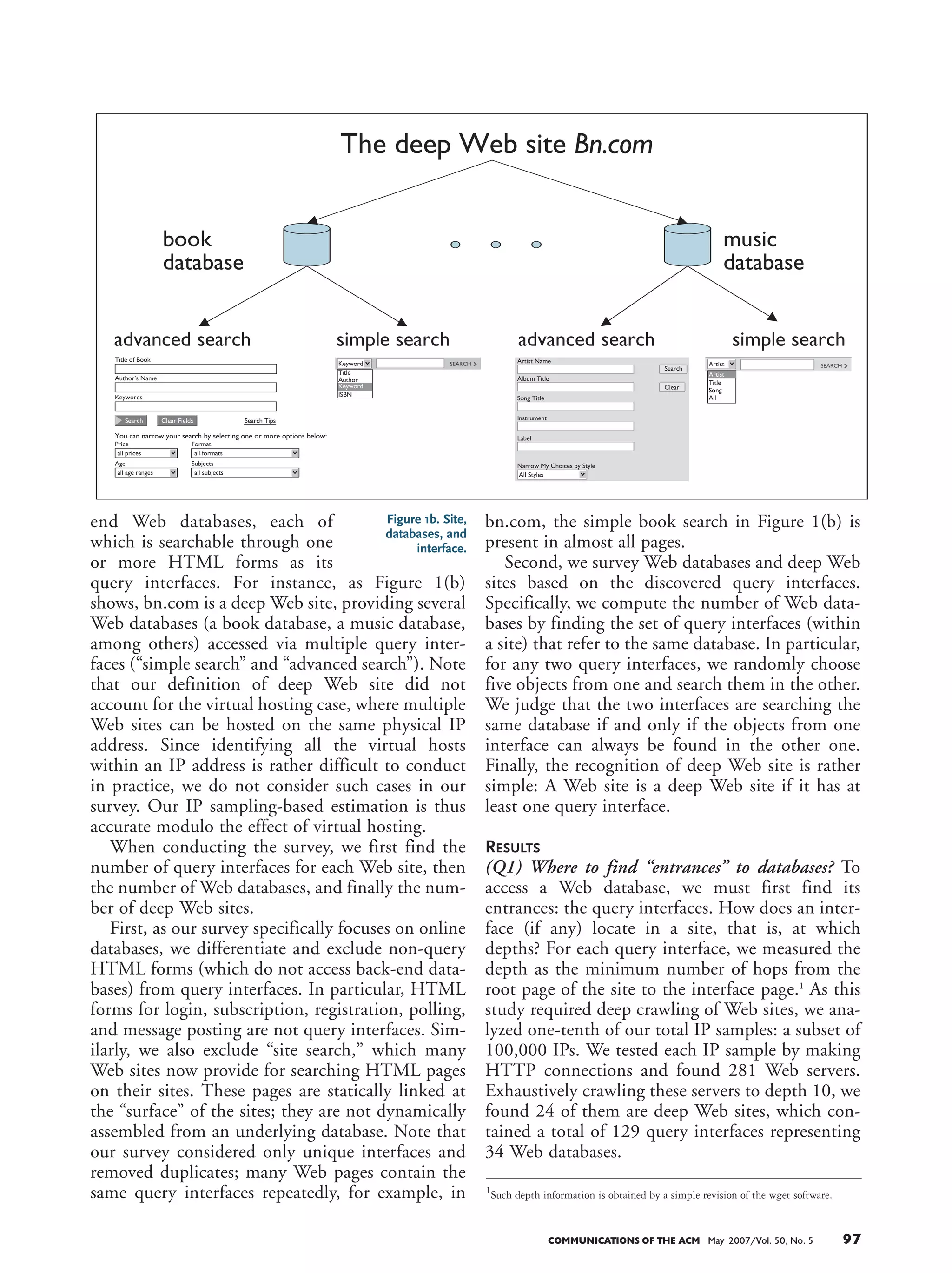 COMMUNICATIONS OF THE ACM May 2007/Vol. 50, No. 5 9796 May 2007/Vol. 50, No. 5 COMMUNICATIONS OF THE ACM
end Web databases, each of
which is searchable through one
or more HTML forms as its
query interfaces. For instance, as Figure 1(b)
shows, bn.com is a deep Web site, providing several
Web databases (a book database, a music database,
among others) accessed via multiple query inter-
faces (“simple search” and “advanced search”). Note
that our definition of deep Web site did not
account for the virtual hosting case, where multiple
Web sites can be hosted on the same physical IP
address. Since identifying all the virtual hosts
within an IP address is rather difficult to conduct
in practice, we do not consider such cases in our
survey. Our IP sampling-based estimation is thus
accurate modulo the effect of virtual hosting.
When conducting the survey, we first find the
number of query interfaces for each Web site, then
the number of Web databases, and finally the num-
ber of deep Web sites.
First, as our survey specifically focuses on online
databases, we differentiate and exclude non-query
HTML forms (which do not access back-end data-
bases) from query interfaces. In particular, HTML
forms for login, subscription, registration, polling,
and message posting are not query interfaces. Sim-
ilarly, we also exclude “site search,” which many
Web sites now provide for searching HTML pages
on their sites. These pages are statically linked at
the “surface” of the sites; they are not dynamically
assembled from an underlying database. Note that
our survey considered only unique interfaces and
removed duplicates; many Web pages contain the
same query interfaces repeatedly, for example, in
bn.com, the simple book search in Figure 1(b) is
present in almost all pages.
Second, we survey Web databases and deep Web
sites based on the discovered query interfaces.
Specifically, we compute the number of Web data-
bases by finding the set of query interfaces (within
a site) that refer to the same database. In particular,
for any two query interfaces, we randomly choose
five objects from one and search them in the other.
We judge that the two interfaces are searching the
same database if and only if the objects from one
interface can always be found in the other one.
Finally, the recognition of deep Web site is rather
simple: A Web site is a deep Web site if it has at
least one query interface.
RESULTS
(Q1) Where to find “entrances” to databases? To
access a Web database, we must first find its
entrances: the query interfaces. How does an inter-
face (if any) locate in a site, that is, at which
depths? For each query interface, we measured the
depth as the minimum number of hops from the
root page of the site to the interface page.1
As this
study required deep crawling of Web sites, we ana-
lyzed one-tenth of our total IP samples: a subset of
100,000 IPs. We tested each IP sample by making
HTTP connections and found 281 Web servers.
Exhaustively crawling these servers to depth 10, we
found 24 of them are deep Web sites, which con-
tained a total of 129 query interfaces representing
34 Web databases.
With its myriad data-
bases and hidden con-
tent, this deep Web is an
important yet largely unexplored frontier for infor-
mation search. While we have understood the sur-
face Web relatively well, with various surveys [3,
7]), how is the deep Web differ-
ent? This article reports our sur-
vey of the deep Web, studying
the scale, subject distribution,
search-engine coverage, and
other access characteristics of
online databases.
We note that, while the study
conducted in 2000 [1] established
interest in this area, it focused on only the scale aspect,
and its result from overlap analysis tends to under-
estimate (as acknowledged in [1]). In overlap analysis,
the number of deep Web sites is estimated by exploit-
ing two search engines. If we find na deep Web sites
in the first search engine, nb in the second, and n0 in
both, we can estimate the total number as shown in
Equation 1 by assuming the two search engines ran-
domly and independently obtain their data. However,
as our survey found, search engines are highly corre-
lated in their coverage of deep Web data (see question
Q5 in this survey). Therefore, such an independence
assumption seems rather unrealistic, in which case the
result is significantly underestimated. In fact, the vio-
lation of this assumption and its consequence were
also discussed in [1].
Our survey took the IP sampling approach to
collect random server samples for
estimating the global scale as well
as facilitating subsequent analy-
sis. During April 2004, we
acquired and analyzed a random
sample of Web servers by IP sam-
pling. We randomly sampled
1,000,000 IPs (from the entire space of
2,230,124,544 valid IP addresses, after removing
reserved and unused IP ranges according to [8]).
For each IP, we used an HTTP client, the GNU
free software wget [5], to make an HTTP connec-
tion to it and download HTML pages. We then
identified and analyzed Web databases in this sam-
ple, in order to extrapolate our estimates of the
deep Web.
Our survey distinguishes three related notions
for accessing the deep Web: site, database, and
interface. A deep Web site is a Web server that pro-
vides information maintained in one or more back-
He fig 1a (5/07) - 26.5 picas
He fig 1a (5/07) - 39.5 picas
Cars.com Amazon.com
Apartments.com Biography.com
401carfinder.com
411 locate.com
Acura
City:
State:
Bedrooms:
Rent:
State (required)
First Name
Region Make
Type of Vehicle
Year
to
to
Price
Model
Make:
All
Model:
Any
Price:
Your ZIP:
30 mi
Within:
GO
Author:
First name/initials and last name
Title word(s)
Subject word(s) Start of subject Start(s) of subject word(s)
Start(s) of title word(s) Exact start of title
Start of last name Exact name
Title:
Subject:
ISBN:
Publisher:
Search Now
0 to
9999
dollars
Doesn’t matter
Select a State
City
Last Name (required)
Select a State
Start Your Search
Search
All Regions All Makes
Domestic
FIND YOUR CAR!
GO!
Search Over 25,000 personalities!
He equation 1 (5/07)
Figure 1a. The conceptual
view of the deep Web.
Equation 1.
Figure 1b. Site,
databases, and
interface.
He fig 1b (5/07) - 26.5 picas
He fig 1b (5/07) - 39.5 picas
The deep Web site Bn.com
book
database
music
database
advanced search
Title of Book
simple search advanced search simple search
Price
You can narrow your search by selecting one or more options below:
all prices
Author’s Name
Keywords
Age
all age ranges
Format
all formats
Search Tips
Subjects
all subjects
Clear FieldsSearch
Title
Author
Keyword
Keyword
Album Title
Artist Name
Song Title
Instrument
Label
Narrow My Choices by Style
SEARCH
ISBN
Artist
Title
Song
Artist SEARCH
All
Search
Clear
All Styles
With its myriad databases and hidden content, this deep Web is an
important yet largely unexplored frontier for information search.
1
Such depth information is obtained by a simple revision of the wget software.
 