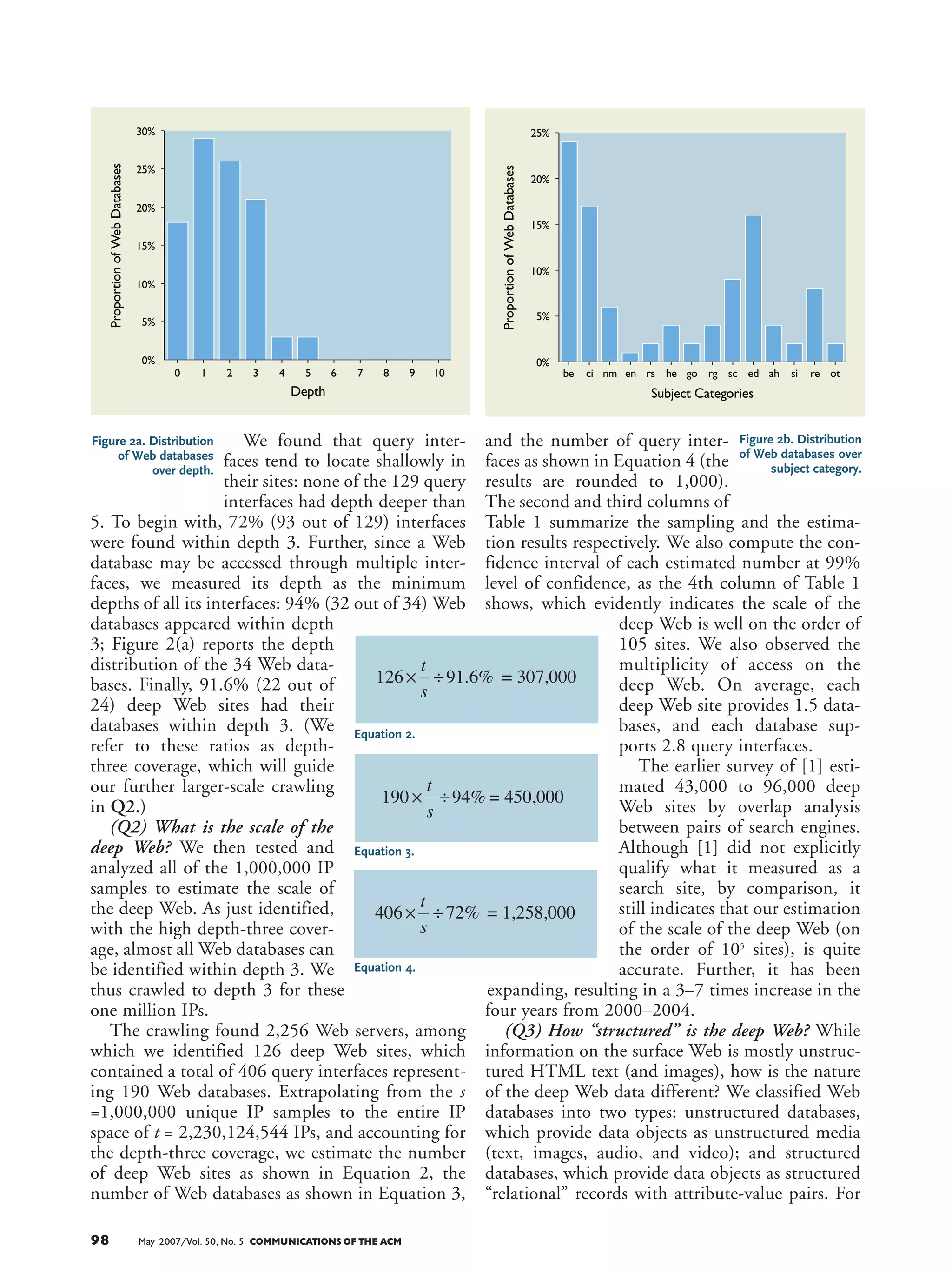 instance, cnn.com has an unstructured database of
news articles, while amazon.com has a structured
database for books, which returns book records (for
example, title = “gone with the wind,” format =
“paperback,” price =
$7.99).
By manual querying
and inspection of the
190 Web databases sam-
pled, we found 43
unstructured and 147
structured. We similarly
estimate their total
numbers to be 102,000
and 348,000 respec-
tively, as summarized in
Table 1. Thus, the deep
Web features mostly structured data sources, with a
dominating ratio of 3.4:1 versus unstructured
sources.
(Q4) What is the subject distribution of Web
databases? With respect to the top-level categories
of the yahoo.com directory as our taxonomy, we
manually categorized the
sampled 190 Web data-
bases. Figure 2(b) shows
the distribution of the
14 categories: Business
& Economy (be), Com-
puters & Internet (ci),
News & Media (nm),
Entertainment (en),
Recreation & Sports (rs),
Health (he), Govern-
ment (go), Regional (rg),
Society & Culture (sc),
Education (ed), Arts & Humanities (ah), Science
(si), Reference (re), and Others (ot).
The distribution indicates great subject diversity
among Web databases, indicating the emergence
and proliferation of Web databases are spanning
well across all subject domains. While there seems
to be a common perception that the deep Web is
driven and dominated by e-commerce (for exam-
ple, for product search), our survey indicates the
contrary. To contrast, we further identify non-com-
merce categories from Figure 2(b)—he, go, rg, sc,
ed, ah, si, re, ot—which together occupy 51% (97
out of 190 databases), leaving only a slight minor-
ity of 49% to the rest of commerce sites (broadly
defined). In comparison, the subject distribution of
the surface Web, as char-
acterized in [7], showed
that commerce sites
dominated with an 83%
share. Thus, the trend of
“deepening” emerges not
only across all areas, but
also relatively more sig-
nificantly in the non-
commerce ones.
(Q5) How do search engines cover the deep Web?
Since some deep Web sources also provide
“browse” directories with URL links to reach the
hidden content, how effective is it to crawl-and-
index the deep Web as search engines do for the
surface Web? We thus investigated how popular
search engines index data on the deep Web. In par-
ticular, we chose the three largest search engines
Google (google.com), Yahoo (yahoo.com), and
MSN (msn.com).
We randomly selected
20 Web databases from
the 190 in our sampling
result. For each database,
first, we manually sam-
pled five objects (result
pages) as test data, by
querying the source with
some random words. We then, for each object col-
lected, queried every search engine to test whether
the page was indexed by formulating queries specif-
ically matching the object page. (For instance, we
used distinctive phrases that occurred in the object
page as keywords and limited the search to only the
source site.)
Figure 3 reports our finding: Google and Yahoo
both indexed 32% of the deep Web objects, and
MSN had the smallest coverage of 11%. However,
there was significant overlap in what they covered:
the combined coverage of the three largest search
engines increased only to 37%, indicating they were
indexing almost the same objects. In particular, as
Figure 3 illustrates, Yahoo and Google overlapped
COMMUNICATIONS OF THE ACM May 2007/Vol. 50, No. 5 99
We found that query inter-
faces tend to locate shallowly in
their sites: none of the 129 query
interfaces had depth deeper than
5. To begin with, 72% (93 out of 129) interfaces
were found within depth 3. Further, since a Web
database may be accessed through multiple inter-
faces, we measured its depth as the minimum
depths of all its interfaces: 94% (32 out of 34) Web
databases appeared within depth
3; Figure 2(a) reports the depth
distribution of the 34 Web data-
bases. Finally, 91.6% (22 out of
24) deep Web sites had their
databases within depth 3. (We
refer to these ratios as depth-
three coverage, which will guide
our further larger-scale crawling
in Q2.)
(Q2) What is the scale of the
deep Web? We then tested and
analyzed all of the 1,000,000 IP
samples to estimate the scale of
the deep Web. As just identified,
with the high depth-three cover-
age, almost all Web databases can
be identified within depth 3. We
thus crawled to depth 3 for these
one million IPs.
The crawling found 2,256 Web servers, among
which we identified 126 deep Web sites, which
contained a total of 406 query interfaces represent-
ing 190 Web databases. Extrapolating from the s
=1,000,000 unique IP samples to the entire IP
space of t = 2,230,124,544 IPs, and accounting for
the depth-three coverage, we estimate the number
of deep Web sites as shown in Equation 2, the
number of Web databases as shown in Equation 3,
and the number of query inter-
faces as shown in Equation 4 (the
results are rounded to 1,000).
The second and third columns of
Table 1 summarize the sampling and the estima-
tion results respectively. We also compute the con-
fidence interval of each estimated number at 99%
level of confidence, as the 4th column of Table 1
shows, which evidently indicates the scale of the
deep Web is well on the order of
105 sites. We also observed the
multiplicity of access on the
deep Web. On average, each
deep Web site provides 1.5 data-
bases, and each database sup-
ports 2.8 query interfaces.
The earlier survey of [1] esti-
mated 43,000 to 96,000 deep
Web sites by overlap analysis
between pairs of search engines.
Although [1] did not explicitly
qualify what it measured as a
search site, by comparison, it
still indicates that our estimation
of the scale of the deep Web (on
the order of 105
sites), is quite
accurate. Further, it has been
expanding, resulting in a 3–7 times increase in the
four years from 2000–2004.
(Q3) How “structured” is the deep Web? While
information on the surface Web is mostly unstruc-
tured HTML text (and images), how is the nature
of the deep Web data different? We classified Web
databases into two types: unstructured databases,
which provide data objects as unstructured media
(text, images, audio, and video); and structured
databases, which provide data objects as structured
“relational” records with attribute-value pairs. For
98 May 2007/Vol. 50, No. 5 COMMUNICATIONS OF THE ACM
He fig 2a (5/07) - 19.5 picas
He fig 2a (5/07) - 15 picas
30%
25%
20%
15%
10%
5%
0%
0 1 2 3 4
Depth
ProportionofWebDatabases
5 6 7 8 9 10
30%
25%
20%
15%
10%
5%
0%
0 1 2 3 4
Depth
ProportionofWebDatabases
5 6 7 8 9 10
He fig 2b (5/07) - 19.5 picas
He fig 2b (5/07) - 15 picas
25%
20%
15%
10%
5%
0%
be ci nm en rs he
Subject Categories
ProportionofWebDatabases
go rg sc ed ah resi ot
25%
20%
15%
10%
5%
0%
be ci nm en rs he
Subject Categories
ProportionofWebDatabases
go rg sc ed ah resi ot
He equation 2 (5/07)
He equation 3 (5/07)
He equation 4 (5/07)
He fig 3 (5/07)
The entire deep Web
Google.com (32%)
Yahoo.com (32%)
MSN.com (11%)
All (37%)
0% 5% 37% 100%
Table 1. Sampling and estimation of
the deep-Web scale.
He table 1 (5/07)
Deep Web sites
Web databases
–unstructured
–structured
Query interfaces
Sampling Results
126
190
43
147
406
Total Estimate
307,000
450,000
102,000
348,000
1,258,000
99% Confidence Interval
236,000 - 377,000
366,000 - 535,000
62,000 - 142,000
275,000 - 423,000
1,097,000 - 1,419,000
Figure 2a. Distribution
of Web databases
over depth.
Figure 2b. Distribution
of Web databases over
subject category.
Figure 3. Coverage of search
engines.
Table 1. Sampling and estimation
of the deep Web scale.
Equation 2.
Equation 3.
Equation 4.
While there seems to be a common perception that the deep Web is
driven and dominated by e-commerce (for example, for product search),
our survey indicates the contrary.
 