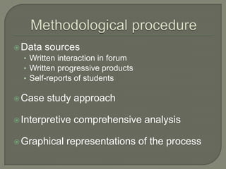 Writing for learning is comprised by a threefold, interwoven process of negotiation:Task structure.Social participation.Meanings/contents ( Mauri, Clarà, Remesal, 2011).All three subprocesses are affected by criticalevents and affect each other reciprocally.Task and Social ParticipationTaskWhat shall be done?What are the goals?What should the product look like?What parts should it have?What shall be done first, in second, in third place…?When shall actions be undertaken?...Social participationWho is doing each part of the task?What kind of roles are enacted or do emerge in the interaction?How do participants communicate (by which means)?When do participants interact?