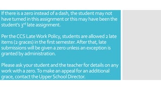Ifthereisazeroinsteadofadash,thestudentmaynot
haveturnedinthisassignmentorthismayhavebeenthe
student’s3rd lateassignment.
PertheCCSLateWorkPolicy,studentsareallowed2late
items(2graces)inthefirstsemester.Afterthat,late
submissionswillbegivenazerounlessanexceptionis
grantedbyadministration.
Pleaseaskyourstudentandtheteacherfordetailsonany
workwithazero.Tomakeanappealforanadditional
grace,contacttheUpperSchoolDirector.
 