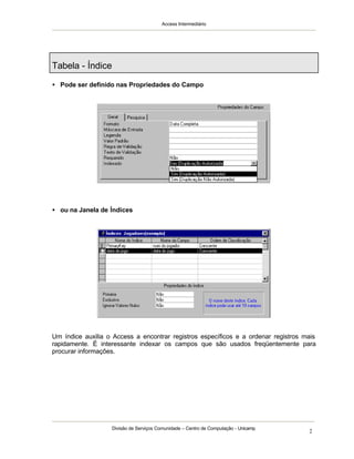 Access Intermediário
Divisão de Serviços Comunidade – Centro de Computação - Unicamp
2
Tabela - Índice
• Pode ser definido nas Propriedades do Campo
• ou na Janela de Índices
Um índice auxilia o Access a encontrar registros específicos e a ordenar registros mais
rapidamente. É interessante indexar os campos que são usados freqüentemente para
procurar informações.
 