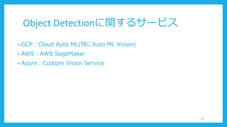 Object Detectionに関するサービス
• GCP：Cloud Auto ML(特にAuto ML Vision)
• AWS：AWS SageMaker
• Azure：Custom Vision Service
24
 
