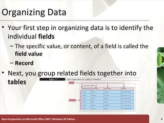 XPOrganizing Data
• Your first step in organizing data is to identify the
individual fields
– The specific value, or content, of a field is called the
field value
– Record
• Next, you group related fields together into
tables
New Perspectives on Microsoft Office 2007: Windows XP Edition 4
 