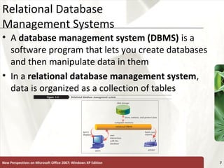 XP
Relational Database
Management Systems
• A database management system (DBMS) is a
software program that lets you create databases
and then manipulate data in them
• In a relational database management system,
data is organized as a collection of tables
New Perspectives on Microsoft Office 2007: Windows XP Edition 7
 