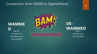 Conversion from WAM to OpenAthens
http://0-
provider.com
.wam.leeds.ac.uk
/journal-ISBN
http://
provider.com
/journal-ISBN
WAMME
D
DE-
WAMMED
6
 