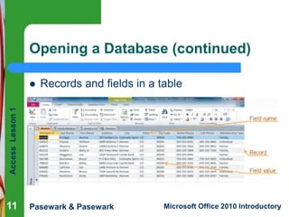 Opening a Database (continued)
Records and fields in a table

Access Lesson 1



11

Pasewark & Pasewark

Microsoft Offic...