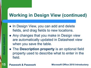 Working in Design View (continued)

Access Lesson 2



15





In Design View, you can add and delete
fields, and drag fields to new locations.
Any changes that you make in Design view
are automatically updated in Datasheet view
when you save the table.
The Description property is an optional field
property used to describe what to enter in the
field.

Pasewark & Pasewark

Microsoft Office 2010 Introductory

 