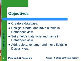 Objectives

Access Lesson 2



2




Create a database.
Design, create, and save a table in
Datasheet view.
Set a field’s data type and name in
Datasheet view.
Add, delete, rename, and move fields in
Design view.

Pasewark & Pasewark

Microsoft Office 2010 Introductory

 