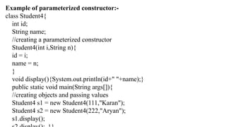 Parametized Constructor Example Explore Java's access modifiers, method types, and constructors with ...