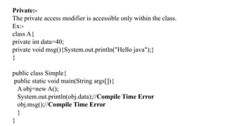 Explore Java's access modifiers, method types, and constructors with ...