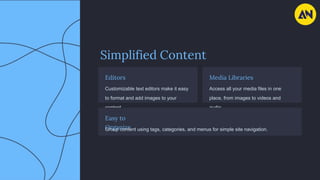 Simplified Content
Management
Editors
Customizable text editors make it easy
to format and add images to your
content.
Media Libraries
Access all your media files in one
place, from images to videos and
audio.
Easy to
Organize
Group content using tags, categories, and menus for simple site navigation.
 