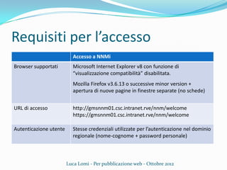 Requisiti per l’accesso
Luca Lomi - Per pubblicazione web - Ottobre 2012
Accesso a NNMi
Browser supportati Microsoft Internet Explorer v8 con funzione di
“visualizzazione compatibilità” disabilitata.
Mozilla Firefox v3.6.13 o successive minor version +
apertura di nuove pagine in finestre separate (no schede)
URL di accesso http://gmsnnm01.csc.intranet.rve/nnm/welcome
https://gmsnnm01.csc.intranet.rve/nnm/welcome
Autenticazione utente Stesse credenziali utilizzate per l’autenticazione nel dominio
regionale (nome-cognome + password personale)
 