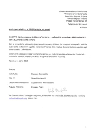 Accesso agli atti audizioni iv commissione ambiente regione sicilia settembre e dicembre 2013 