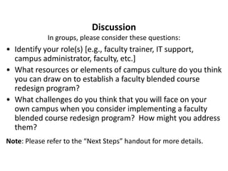 Discussion
             In groups, please consider these questions:
• Identify your role(s) [e.g., faculty trainer, IT support,
  campus administrator, faculty, etc.]
• What resources or elements of campus culture do you think
  you can draw on to establish a faculty blended course
  redesign program?
• What challenges do you think that you will face on your
  own campus when you consider implementing a faculty
  blended course redesign program? How might you address
  them?
Note: Please refer to the “Next Steps” handout for more details.
 