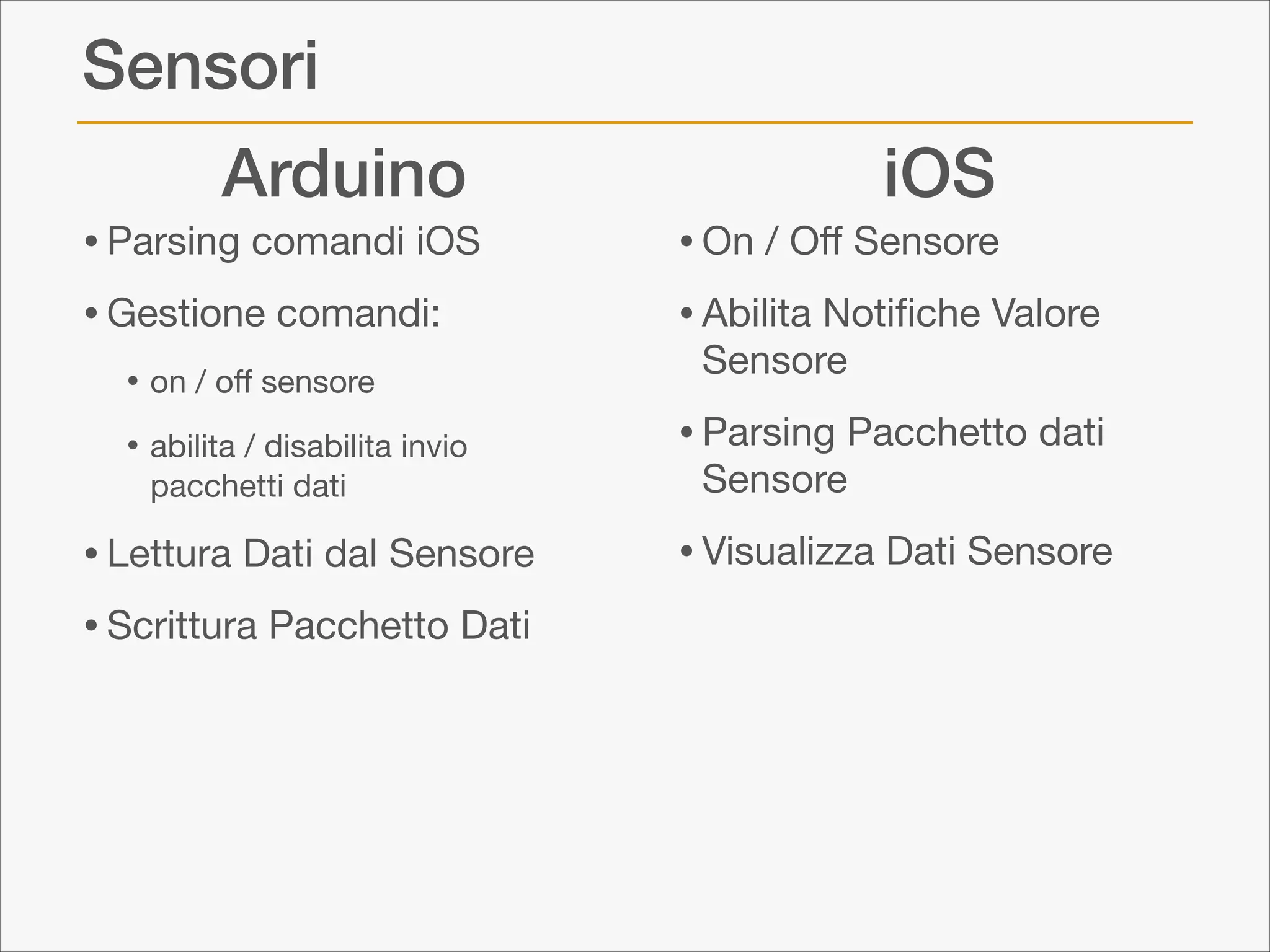 Sensori
Arduino

• Parsing comandi iOS

• Gestione comandi:

• on / oﬀ sensore

• abilita / disabilita invio
pacchetti dati


• Lettura Dati dal Sensore

• Scrittura Pacchetto Dati

iOS

• On / Oﬀ Sensore

• Abilita Notiﬁche Valore
Sensore 


• Parsing Pacchetto dati
Sensore 


• Visualizza Dati Sensore

 