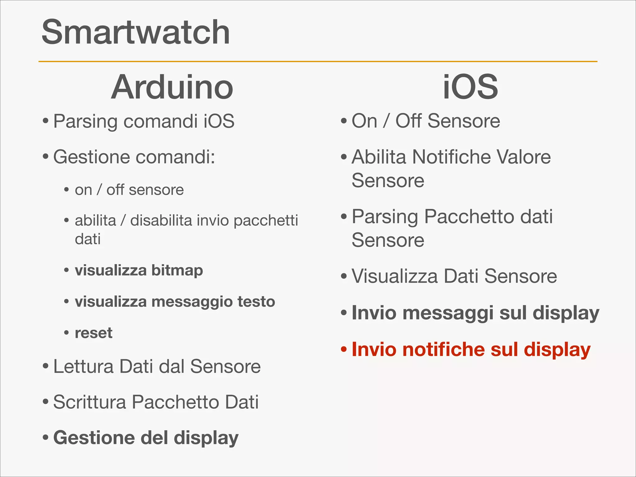 Smartwatch
Arduino

• Parsing comandi iOS

• Gestione comandi:

•

on / oﬀ sensore


iOS

• On / Oﬀ Sensore

• Abilita Notiﬁche Valore
Sensore 


• abilita / disabilita invio pacchetti

• Parsing Pacchetto dati

• visualizza bitmap

• Visualizza Dati Sensore

• Invio messaggi sul display
• Invio notiﬁche sul display

dati


• visualizza messaggio testo
• reset

• Lettura Dati dal Sensore

• Scrittura Pacchetto Dati

• Gestione del display

Sensore 


 