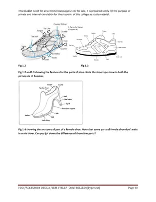 This	
  booklet	
  is	
  not	
  for	
  any	
  commercial	
  purpose	
  nor	
  for	
  sale,	
  it	
  is	
  prepared	
  solely	
  for	
  the	
  purpose	
  of	
  
private	
  and	
  internal	
  circulation	
  for	
  the	
  students	
  of	
  this	
  college	
  as	
  study	
  material.	
  
	
  
	
  
FDDI/ACCESSORY	
  DESIGN/SEM-­‐V/SLB/	
  (CONTROLLED)[Type	
  text]	
   Page	
  40	
  
	
  
	
  
Fig	
  1.2	
   	
   	
   	
   	
   	
   	
  	
  	
  	
  	
  	
  	
  	
  	
  	
  	
  	
  Fig	
  1.3	
  
Fig	
  1.2	
  and1.3	
  showing	
  the	
  features	
  for	
  the	
  parts	
  of	
  shoe.	
  Note	
  the	
  shoe	
  type	
  show	
  in	
  both	
  the	
  
pictures	
  is	
  of	
  Sneaker.	
  
	
  
Fig	
  1.4	
  showing	
  the	
  anatomy	
  of	
  part	
  of	
  a	
  Female	
  shoe.	
  Note	
  that	
  some	
  parts	
  of	
  female	
  shoe	
  don’t	
  exist	
  
in	
  male	
  show.	
  Can	
  you	
  jot	
  down	
  the	
  difference	
  of	
  those	
  few	
  parts?	
  
 