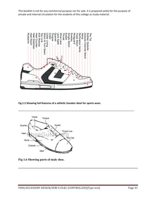 This	
  booklet	
  is	
  not	
  for	
  any	
  commercial	
  purpose	
  nor	
  for	
  sale,	
  it	
  is	
  prepared	
  solely	
  for	
  the	
  purpose	
  of	
  
private	
  and	
  internal	
  circulation	
  for	
  the	
  students	
  of	
  this	
  college	
  as	
  study	
  material.	
  
	
  
	
  
FDDI/ACCESSORY	
  DESIGN/SEM-­‐V/SLB/	
  (CONTROLLED)[Type	
  text]	
   Page	
  41	
  
	
  
	
  
Fig	
  1.5	
  Showing	
  full	
  features	
  of	
  a	
  athletic	
  Sneaker	
  ideal	
  for	
  sports	
  wear.	
  
___________________________________________________________________________________	
  
Fig 1.6 Showing parts of male shoe.
______________________________________________________________________________
 