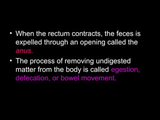 • When the rectum contracts, the feces is
expelled through an opening called the
anus.
• The process of removing undigested
matter from the body is called egestion,
defecation, or bowel movement.
 