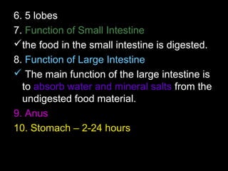 6. 5 lobes
7. Function of Small Intestine
the food in the small intestine is digested.
8. Function of Large Intestine
 The main function of the large intestine is
to absorb water and mineral salts from the
undigested food material.
9. Anus
10. Stomach – 2-24 hours
 