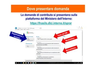 Dove presentare domandaDove presentare domanda
https://fnasilo.dlci.interno.it/sprar
Le domande di contributo si presentano sulla
piattaforma del Ministero dell’Interno:
 
