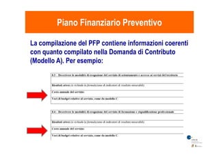 Piano Finanziario PreventivoPiano Finanziario Preventivo
La compilazione del PFP contiene informazioni coerenti
con quanto compilato nella Domanda di Contributo
(Modello A). Per esempio:
 