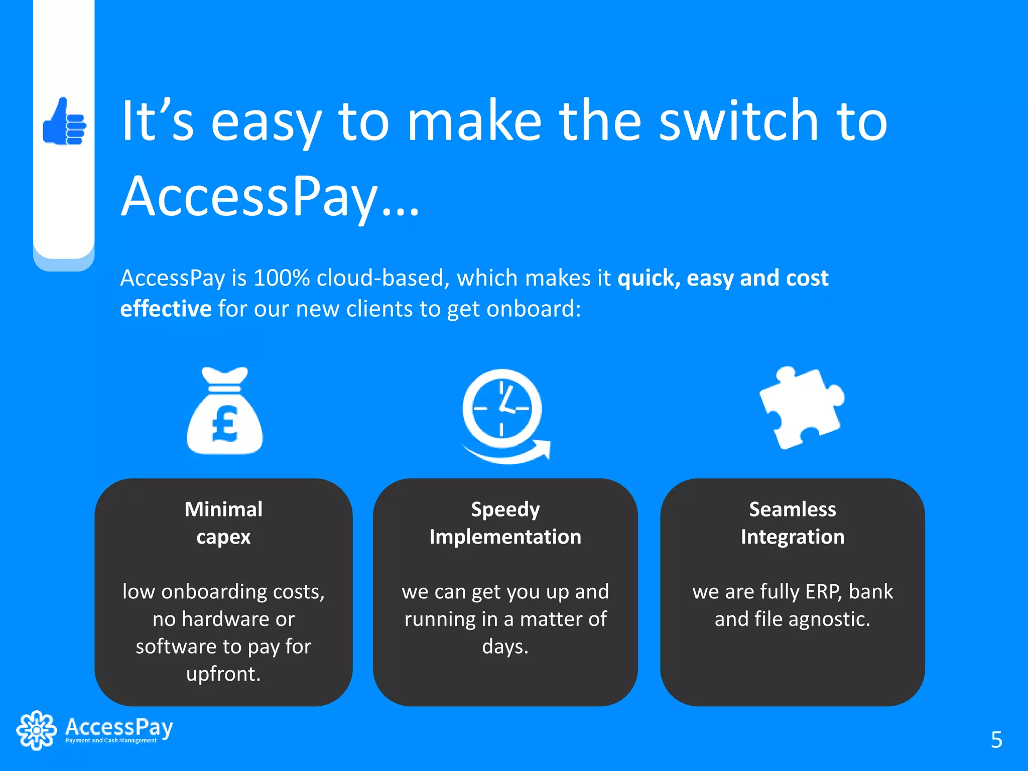 It’s easy to make the switch to 
AccessPay… 
AccessPay is 100% cloud-based, which makes it quick, easy and cost 
effective for our new clients to get onboard: 
www.accesspay.com | info@accesspay.com | © AccessPay 2014 5 5 
Minimal 
capex 
low onboarding costs, 
no hardware or 
software to pay for 
upfront. 
Speedy 
Implementation 
we can get you up and 
running in a matter of 
days. 
Seamless 
Integration 
we are fully ERP, bank 
and file agnostic. 
 