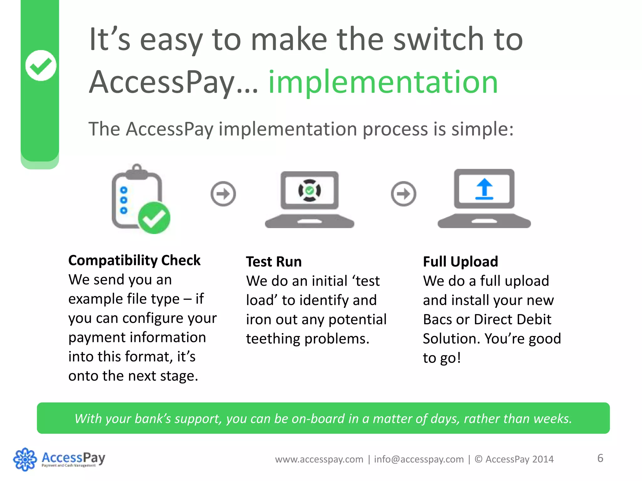 It’s easy to make the switch to 
AccessPay… implementation 
The AccessPay implementation process is simple: 
www.accesspay.com | info@accesspay.com | © AccessPay 2014 6 
Compatibility Check 
We send you an 
example file type – if 
you can configure your 
payment information 
into this format, it’s 
onto the next stage. 
Test Run 
We do an initial ‘test 
load’ to identify and 
iron out any potential 
teething problems. 
Full Upload 
We do a full upload 
and install your new 
Bacs or Direct Debit 
Solution. You’re good 
to go! 
With your bank’s support, you can be on-board in a matter of days, rather than weeks. 
 