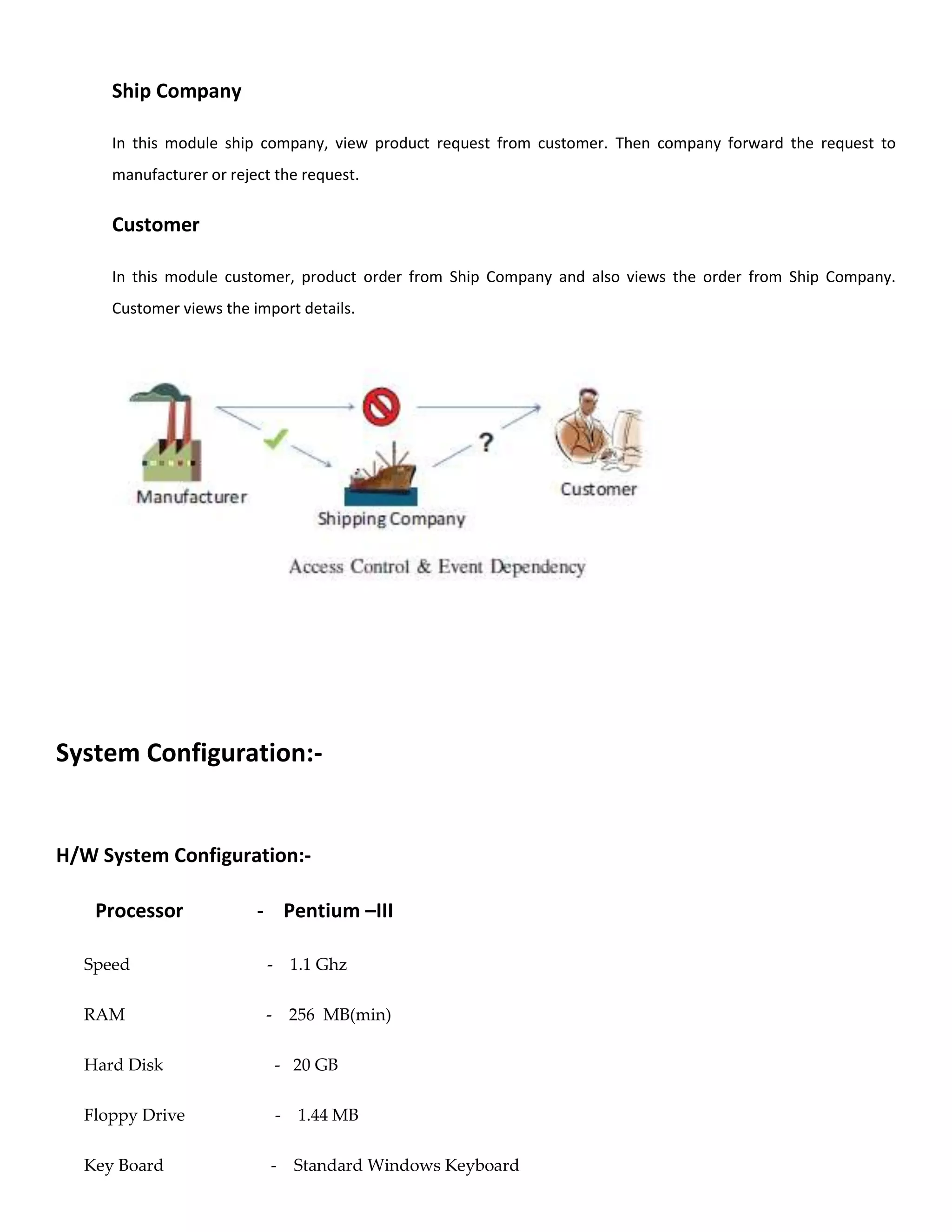 Ship Company
In this module ship company, view product request from customer. Then company forward the request to
manufacturer or reject the request.
Customer
In this module customer, product order from Ship Company and also views the order from Ship Company.
Customer views the import details.
System Configuration:-
H/W System Configuration:-
Processor - Pentium –III
Speed - 1.1 Ghz
RAM - 256 MB(min)
Hard Disk - 20 GB
Floppy Drive - 1.44 MB
Key Board - Standard Windows Keyboard
 