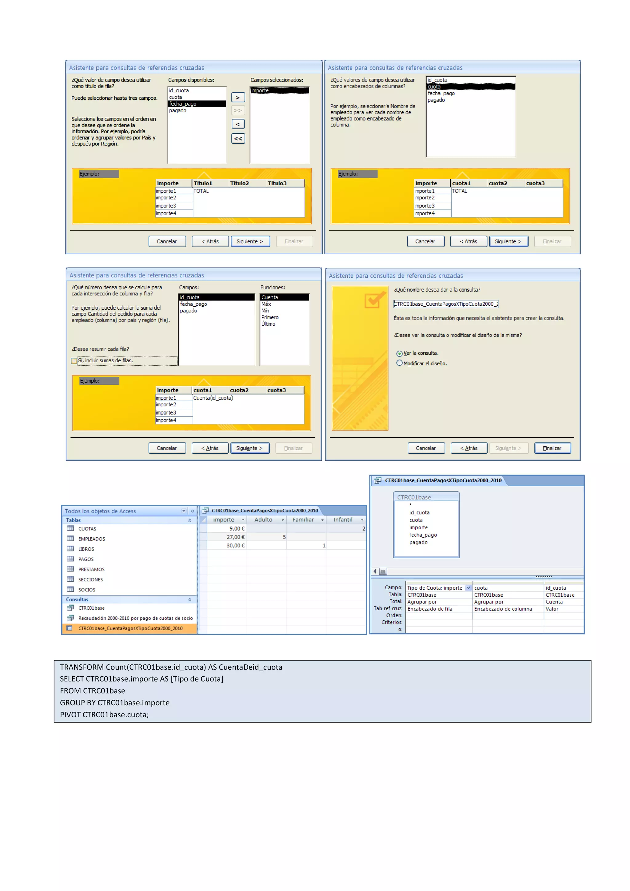 TRANSFORM Count(CTRC01base.id_cuota) AS CuentaDeid_cuota
SELECT CTRC01base.importe AS [Tipo de Cuota]
FROM CTRC01base
GROUP BY CTRC01base.importe
PIVOT CTRC01base.cuota;
 