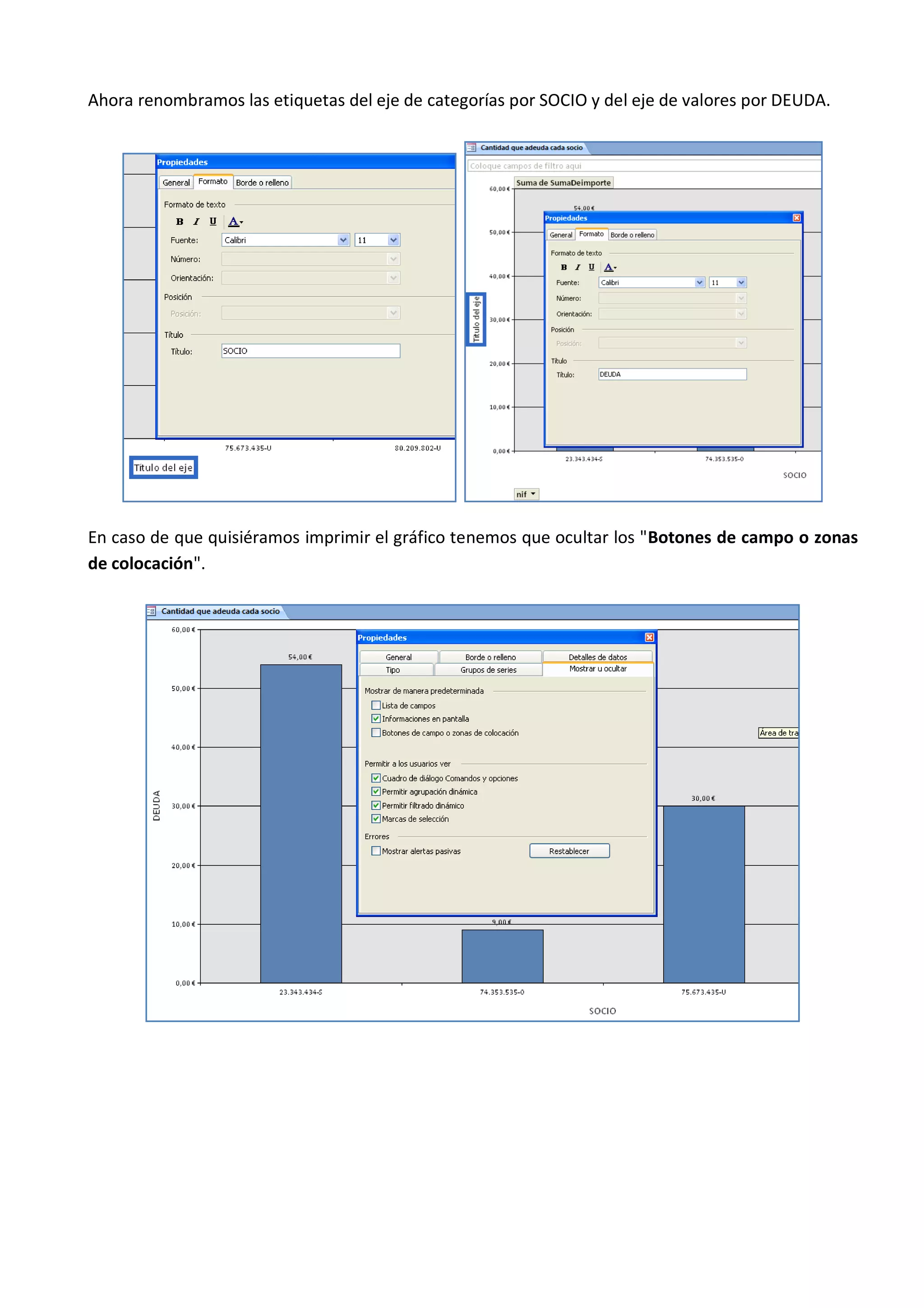 Ahora renombramos las etiquetas del eje de categorías por SOCIO y del eje de valores por DEUDA.




En caso de que quisiéramos imprimir el gráfico tenemos que ocultar los "Botones de campo o zonas
de colocación".
 