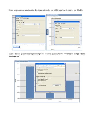 Ahora renombramos las etiquetas del eje de categorías por SOCIO y del eje de valores por DEUDA.




En caso de que quisiéramos imprimir el gráfico tenemos que ocultar los "Botones de campo o zonas
de colocación".
 