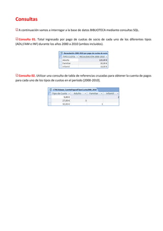 Consultas
  A continuación vamos a interrogar a la base de datos BIBLIOTECA mediante consultas SQL.

  Consulta 01. Total ingresado por pago de cuotas de socio de cada uno de los diferentes tipos
(ADU,FAM e INF) durante los años 2000 a 2010 (ambos incluidos).




  Consulta 02. Utilizar una consulta de tabla de referencias cruzadas para obtener la cuenta de pagos
para cada uno de los tipos de cuotas en el período [2000-2010].
 