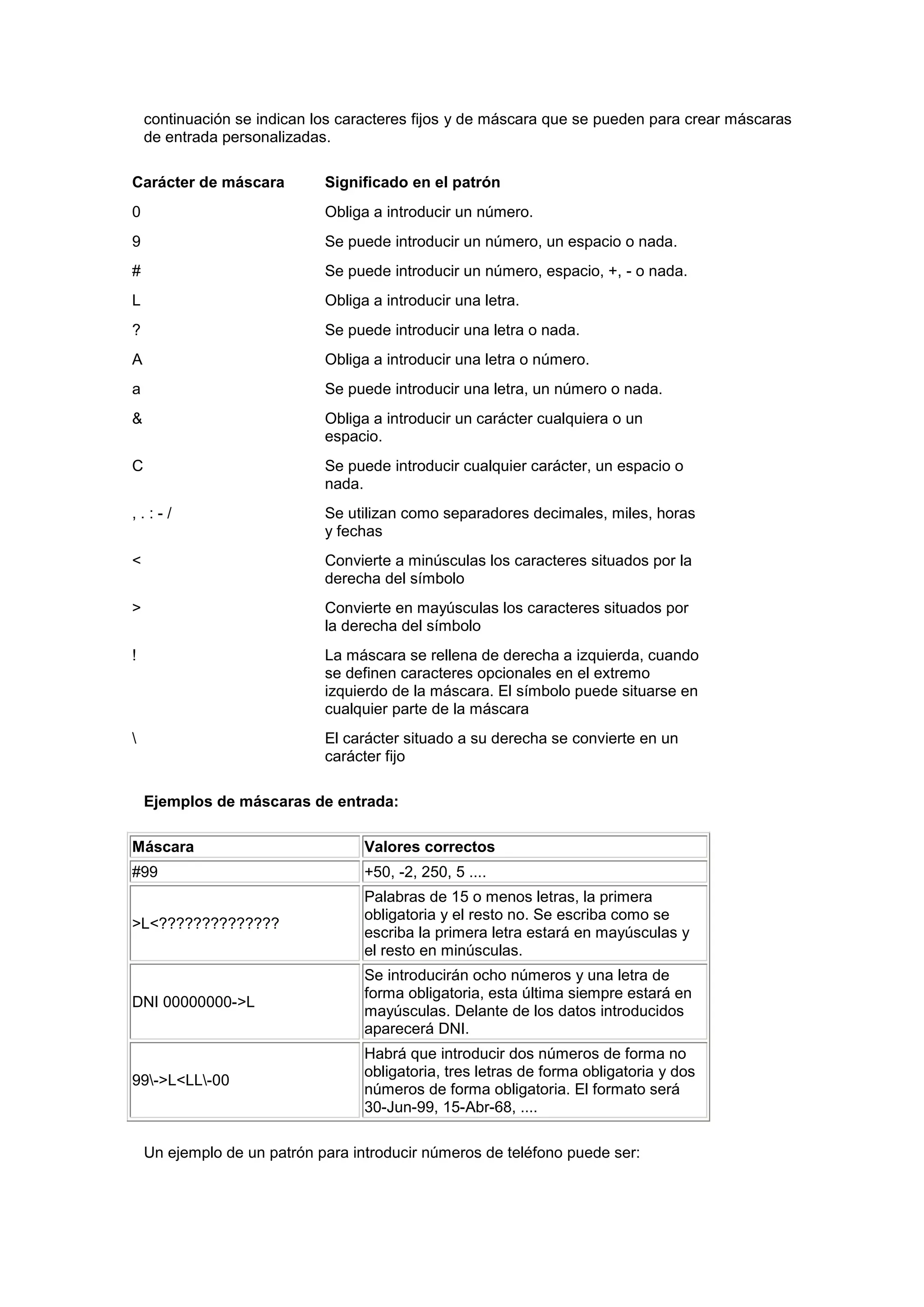 continuación se indican los caracteres fijos y de máscara que se pueden para crear máscaras
    de entrada personalizadas.

Carácter de máscara          Significado en el patrón
0                            Obliga a introducir un número.
9                            Se puede introducir un número, un espacio o nada.
#                            Se puede introducir un número, espacio, +, - o nada.
L                            Obliga a introducir una letra.
?                            Se puede introducir una letra o nada.
A                            Obliga a introducir una letra o número.
a                            Se puede introducir una letra, un número o nada.
&                            Obliga a introducir un carácter cualquiera o un
                             espacio.
C                            Se puede introducir cualquier carácter, un espacio o
                             nada.
,.:-/                        Se utilizan como separadores decimales, miles, horas
                             y fechas
<                            Convierte a minúsculas los caracteres situados por la
                             derecha del símbolo
>                            Convierte en mayúsculas los caracteres situados por
                             la derecha del símbolo
!                            La máscara se rellena de derecha a izquierda, cuando
                             se definen caracteres opcionales en el extremo
                             izquierdo de la máscara. El símbolo puede situarse en
                             cualquier parte de la máscara
                            El carácter situado a su derecha se convierte en un
                             carácter fijo

    Ejemplos de máscaras de entrada:

Máscara                            Valores correctos
#99                                +50, -2, 250, 5 ....
                                   Palabras de 15 o menos letras, la primera
                                   obligatoria y el resto no. Se escriba como se
>L<??????????????
                                   escriba la primera letra estará en mayúsculas y
                                   el resto en minúsculas.
                                   Se introducirán ocho números y una letra de
                                   forma obligatoria, esta última siempre estará en
DNI 00000000->L
                                   mayúsculas. Delante de los datos introducidos
                                   aparecerá DNI.
                                   Habrá que introducir dos números de forma no
                                   obligatoria, tres letras de forma obligatoria y dos
99->L<LL-00
                                   números de forma obligatoria. El formato será
                                   30-Jun-99, 15-Abr-68, ....

    Un ejemplo de un patrón para introducir números de teléfono puede ser:
 
