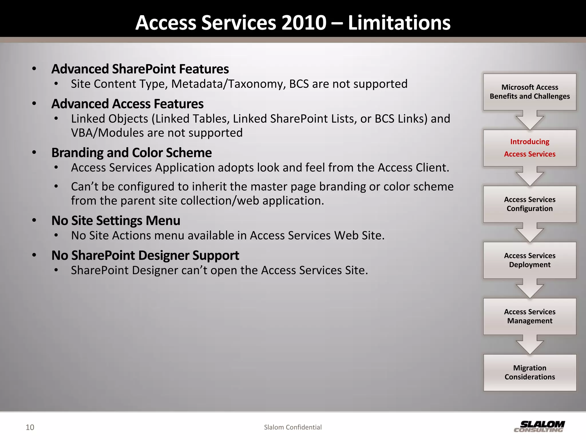 Access Services 2010 – Limitations
 • Advanced SharePoint Features
     • Site Content Type, Metadata/Taxonomy, BCS are not supported                    Microsoft Access
                                                                                   Benefits and Challenges
 • Advanced Access Features
     • Linked Objects (Linked Tables, Linked SharePoint Lists, or BCS Links) and
       VBA/Modules are not supported
                                                                                        Introducing
 • Branding and Color Scheme                                                           Access Services
     • Access Services Application adopts look and feel from the Access Client.
     • Can’t be configured to inherit the master page branding or color scheme
       from the parent site collection/web application.                                Access Services
                                                                                        Configuration
 • No Site Settings Menu
     • No Site Actions menu available in Access Services Web Site.
 • No SharePoint Designer Support                                                      Access Services
                                                                                        Deployment
     • SharePoint Designer can’t open the Access Services Site.


                                                                                       Access Services
                                                                                        Management




                                                                                         Migration
                                                                                       Considerations




10                                          Slalom Confidential
 
