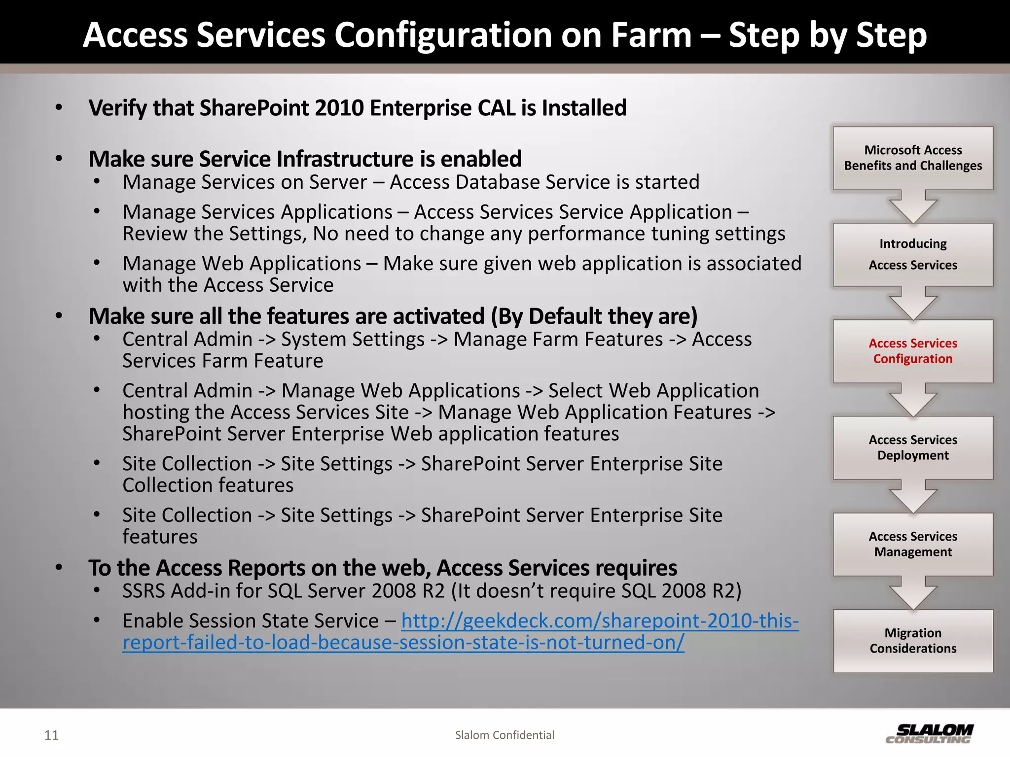 Access Services Configuration on Farm – Step by Step
 • Verify that SharePoint 2010 Enterprise CAL is Installed
                                                                                     Microsoft Access
 • Make sure Service Infrastructure is enabled                                    Benefits and Challenges
     • Manage Services on Server – Access Database Service is started
     • Manage Services Applications – Access Services Service Application –
       Review the Settings, No need to change any performance tuning settings          Introducing
     • Manage Web Applications – Make sure given web application is associated        Access Services
       with the Access Service
 • Make sure all the features are activated (By Default they are)
     • Central Admin -> System Settings -> Manage Farm Features -> Access             Access Services
       Services Farm Feature                                                           Configuration

     • Central Admin -> Manage Web Applications -> Select Web Application
       hosting the Access Services Site -> Manage Web Application Features ->
       SharePoint Server Enterprise Web application features                          Access Services
                                                                                       Deployment
     • Site Collection -> Site Settings -> SharePoint Server Enterprise Site
       Collection features
     • Site Collection -> Site Settings -> SharePoint Server Enterprise Site
       features                                                                       Access Services
                                                                                       Management
 • To the Access Reports on the web, Access Services requires
     • SSRS Add-in for SQL Server 2008 R2 (It doesn’t require SQL 2008 R2)
     • Enable Session State Service – http://geekdeck.com/sharepoint-2010-this-         Migration
       report-failed-to-load-because-session-state-is-not-turned-on/                  Considerations




11                                         Slalom Confidential
 