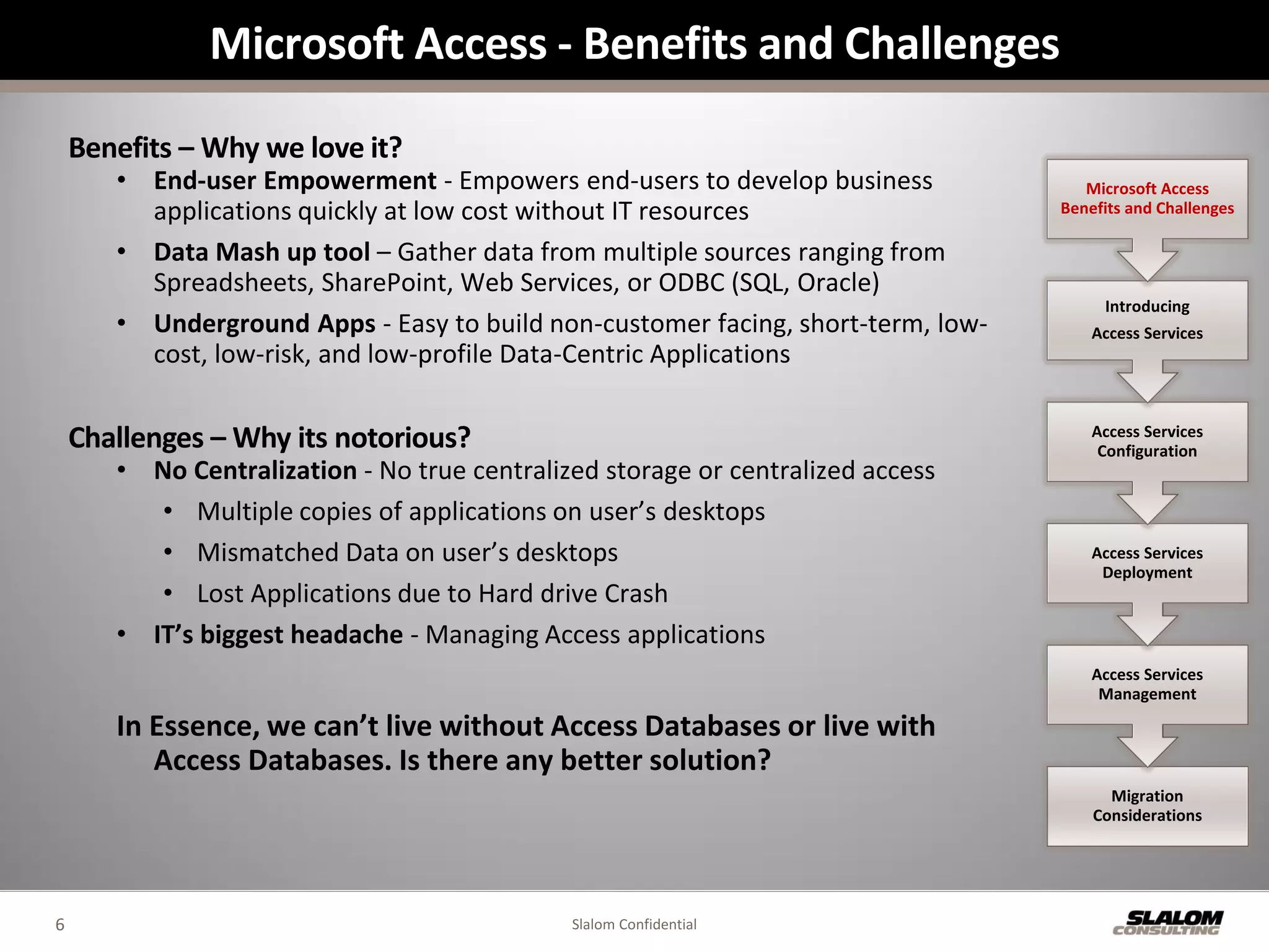 Microsoft Access - Benefits and Challenges

    Benefits – Why we love it?
       • End-user Empowerment - Empowers end-users to develop business               Microsoft Access
         applications quickly at low cost without IT resources                    Benefits and Challenges

       • Data Mash up tool – Gather data from multiple sources ranging from
         Spreadsheets, SharePoint, Web Services, or ODBC (SQL, Oracle)
                                                                                       Introducing
       • Underground Apps - Easy to build non-customer facing, short-term, low-       Access Services
         cost, low-risk, and low-profile Data-Centric Applications


    Challenges – Why its notorious?                                                   Access Services
                                                                                       Configuration
       • No Centralization - No true centralized storage or centralized access
          • Multiple copies of applications on user’s desktops
          • Mismatched Data on user’s desktops                                        Access Services
                                                                                       Deployment
          • Lost Applications due to Hard drive Crash
       • IT’s biggest headache - Managing Access applications
                                                                                      Access Services
                                                                                       Management

       In Essence, we can’t live without Access Databases or live with
          Access Databases. Is there any better solution?
                                                                                        Migration
                                                                                      Considerations




6                                             Slalom Confidential
 