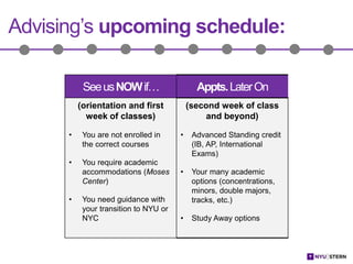 Advising’s upcoming schedule:
SeeusNOWif… Appts.LaterOn
(orientation and first
week of classes)
• You are not enrolled in
the correct courses
• You require academic
accommodations (Moses
Center)
• You need guidance with
your transition to NYU or
NYC
(second week of class
and beyond)
• Advanced Standing credit
(IB, AP, International
Exams)
• Your many academic
options (concentrations,
minors, double majors,
tracks, etc.)
• Study Away options
 