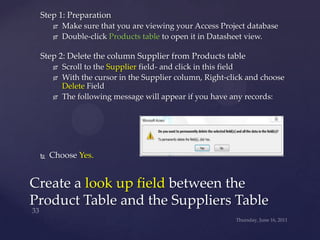 Wednesday, June 15, 2011<br />33<br />Step 1: Preparation<br />Make sure that you are viewing your Access Project database...