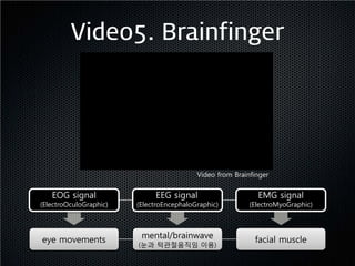Video5. Brainfinger




                                          Video from Brainfinger


   EOG signal                EEG signal                     EMG signal
(ElectroOculoGraphic)   (ElectroEncephaloGraphic)         (ElectroMyoGraphic)




eye movements            mental/brainwave                  facial muscle
                        (눈과 턱관절움직임 이용)
 