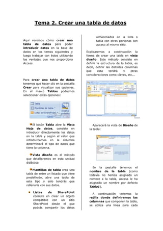 Tema 2. Crear una tabla de datos

                                               almacenados en la lista o
Aquí veremos cómo crear una                    tabla con otras personas con
tabla de datos para poder                      acceso al mismo sitio.
introducir datos en la base de
datos en los temas siguientes y         Explicaremos a continuación la
luego trabajar con éstos utilizando     forma de crear una tabla en vista
las ventajas que nos proporciona        diseño. Este método consiste en
Access.                                 definir la estructura de la tabla, es
                                        decir, definir las distintas columnas
                                        que      esta    tendrá     y    otras
                                        consideraciones como claves, etc...
Para crear una tabla de datos
tenemos que hacer clic en la pestaña
Crear para visualizar sus opciones.
En el marco Tablas podremos
seleccionar estas opciones:




       El botón Tabla abre la Vista          Aparecerá la vista de Diseño de
  Hoja de datos, consiste en              la tabla:
  introducir directamente los datos
  en la tabla y según el valor que
  introduzcamos en la columna
  determinará el tipo de datos que
  tiene la columna.

      Vista diseño es el método
  que detallaremos en esta unidad
  didáctica
                                            En la pestaña tenemos el
       Plantillas de tabla crea una
                                          nombre de la tabla (como
  tabla de entre un listado que tiene
                                          todavía no hemos asignado un
  predefinido, abre una tabla de
                                          nombre a la tabla, Access le ha
  este tipo y sólo tendrás que
                                          asignado un nombre por defecto
  rellenarla con sus datos.
                                          Tabla1).

      Listas    de     SharePoint
                                            A continuación tenemos la
      consiste en crear un objeto
                                          rejilla donde definiremos las
      compatible   con   un  sitio
                                          columnas que componen la tabla,
      SharePoint desde el que
                                          se utiliza una línea para cada
      podrás compartir los datos
 