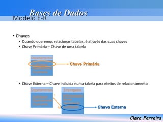 Bases de Dados
Clara Ferreira
Modelo E-R
• Chaves
• Quando queremos relacionar tabelas, é através das suas chaves
• Chave Primária – Chave de uma tabela
• Chave Externa – Chave incluída numa tabela para efeitos de relacionamento
CodDepart
Departamento
Orçamento
Departamentos
Chave Primária
NºEmpregado
Nome
Vencimento
CodDepart
Empregados
CodDepart
Departamento
Orçamento
Departamentos
1
M Chave Externa
 
